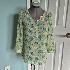 Bobbie Brooks Light Green Sheer Floral Split-Neck Blouse with Blue Roses